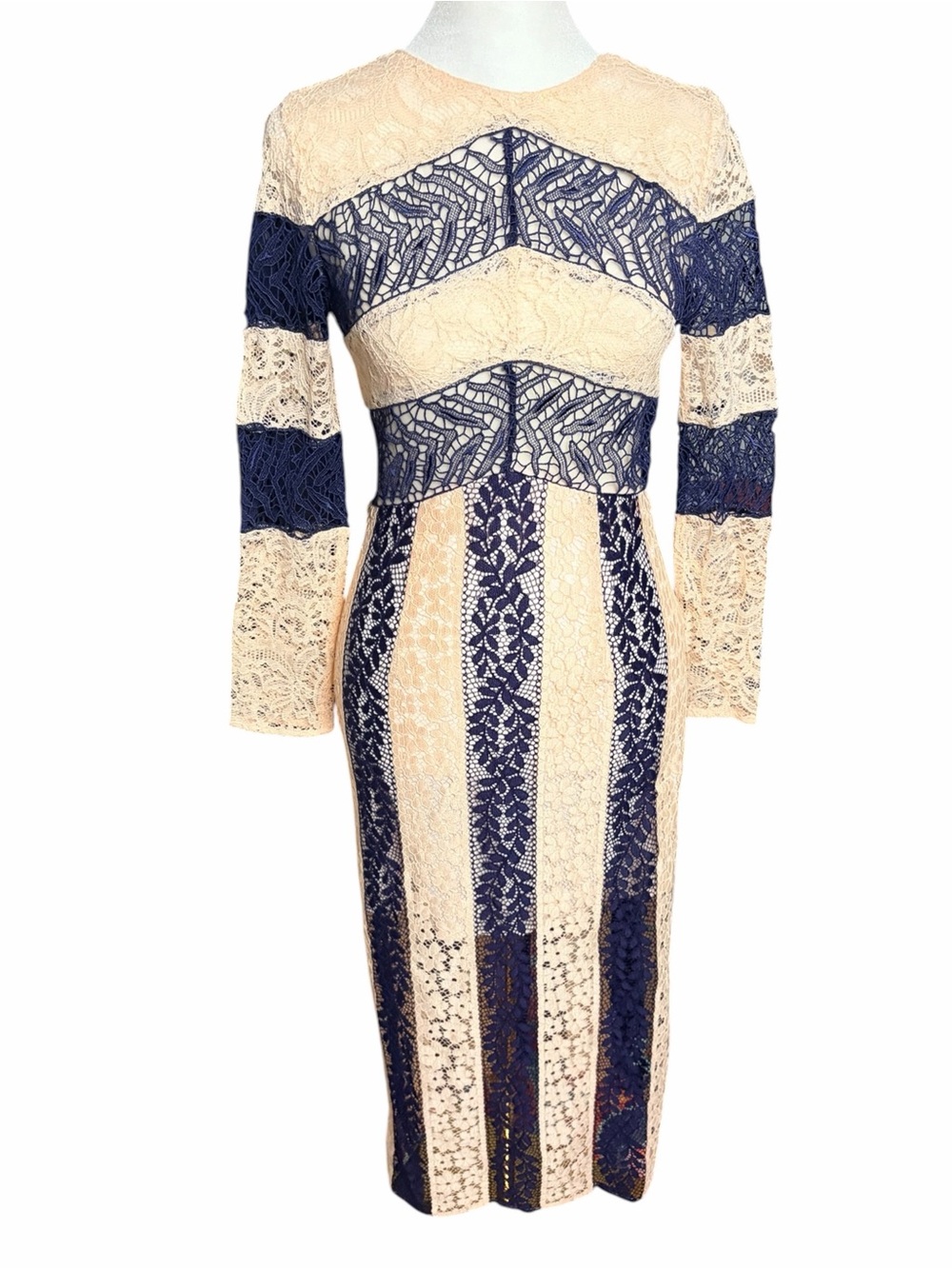 Disaya Cream and Navy Lace Long-Sleeve Midi Dress